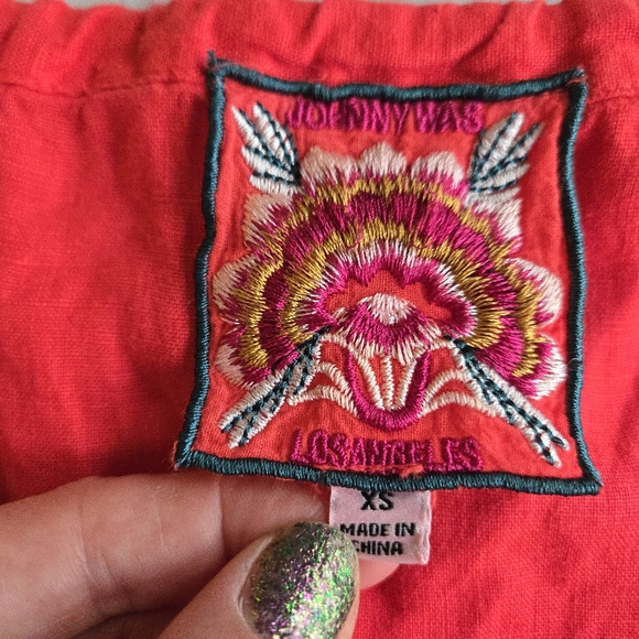 Johnny Was Maisie Peasant Tie Blouse Red  Embroidered Linen Top - Picture 3 of 11